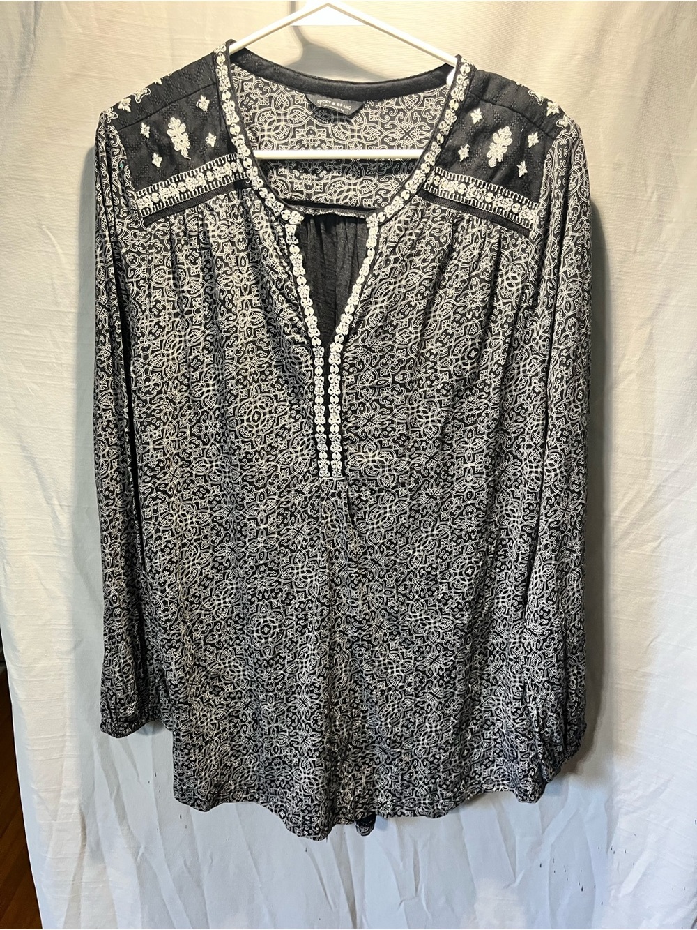 Lucky Brand Black and White Printed Tunic with Embroidered Trim